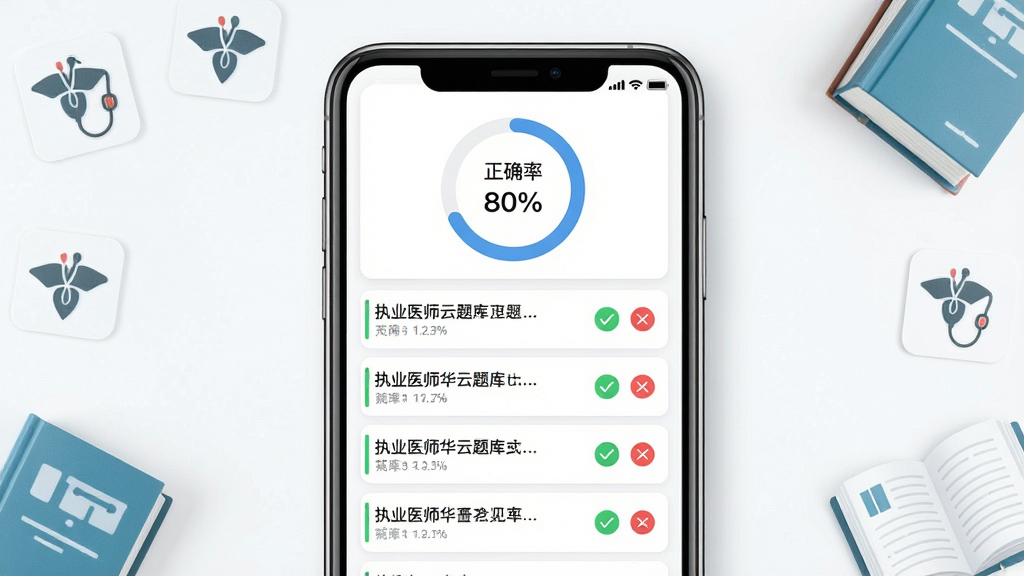 一张展示执业医师华云题库海量题目列表的界面截图风格图片,画面主体为手机屏幕显示题目列表,每道题旁有绿色对勾和红色叉号标记,屏幕上方显示正确率百分比环形图,背景为白色卡片式布局,周围点缀着医学图标和书本元素,风格清新简洁,画质清晰,干净,无多余元素