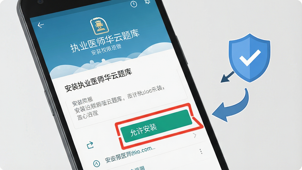 一张展示安卓手机安装执业医师华云题库过程的示意图,画面为手机屏幕显示安装权限设置界面,高亮标注“允许安装”按钮,旁边有盾牌安全图标和箭头指引,背景为浅灰色,风格清晰直观,画质清晰,干净,无多余元素