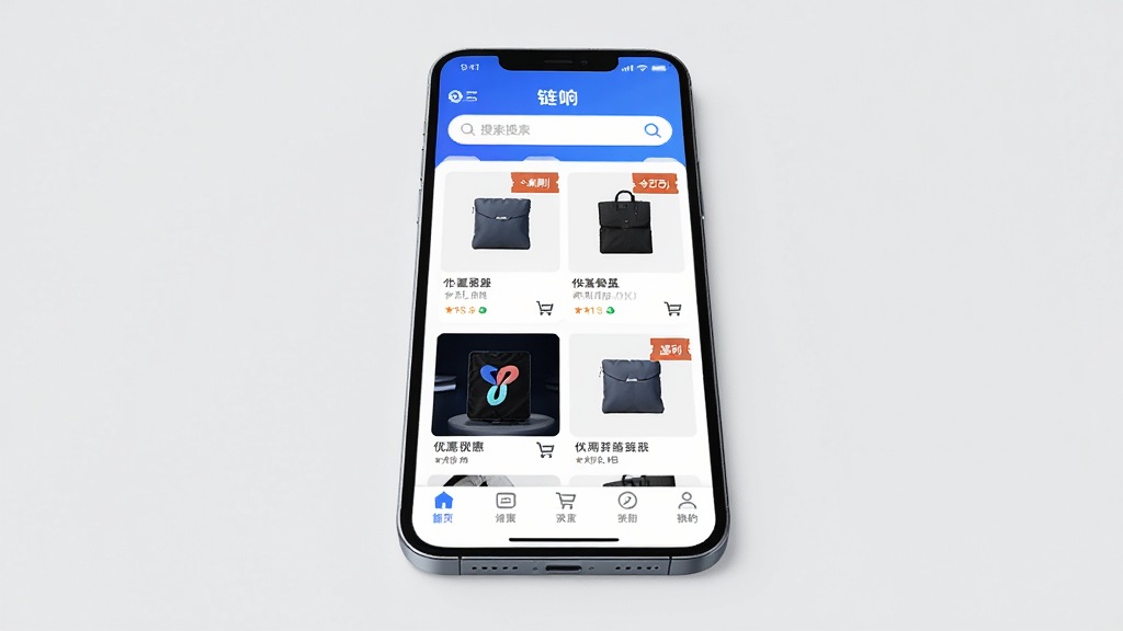 主体为一部智能手机,屏幕中显示“链饷”App首页界面,布局上方为搜索框,中间为商品瀑布流,下方为导航栏;排版采用居中构图,手机略微倾斜;风格为现代科技感,蓝白配色;细节包括商品卡片上的优惠券标签、返利金额角标、购物车图标;画质高清,干净,无多余元素