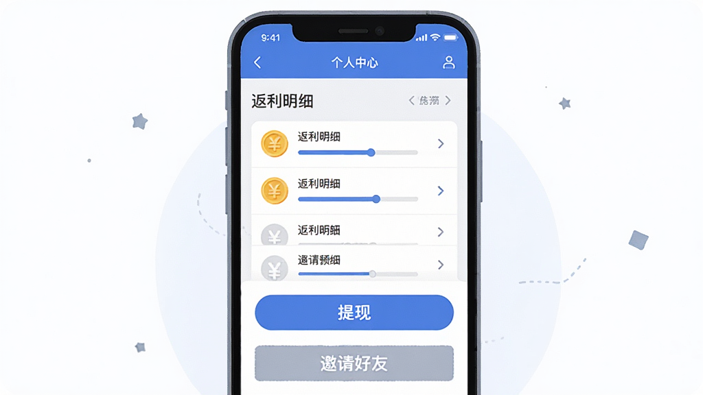 主体为“链饷”App的“个人中心”页面截图风格插画,画面中展示返利明细列表、提现按钮、邀请好友入口;布局为竖向排列,手机屏幕居中;排版清晰,信息层级分明;风格为扁平化插画,蓝白灰配色;细节包括金币图标、进度条、箭头指示;画质高清,干净,无多余元素