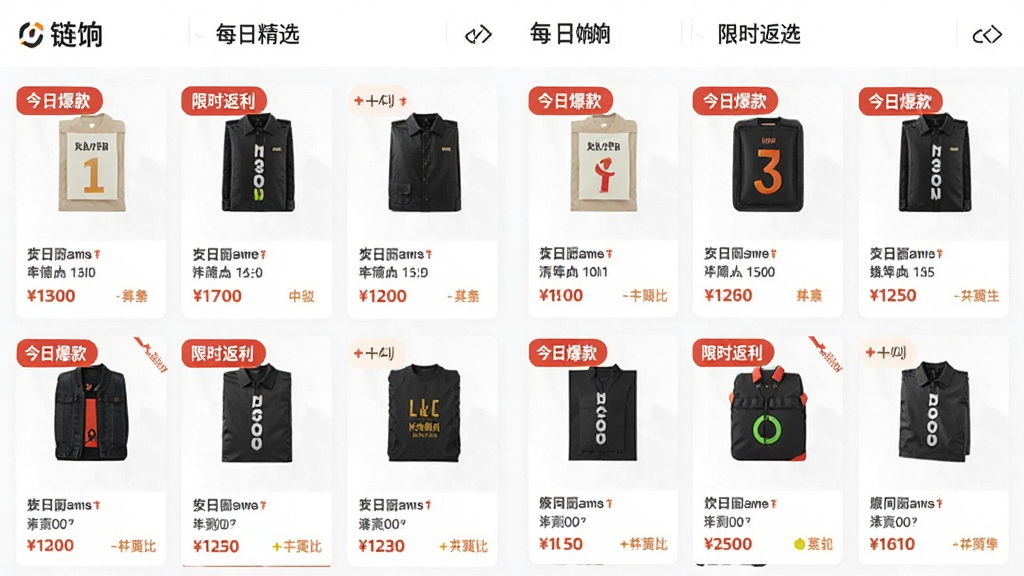 主体为“链饷”App内的每日精选页面,展示多张商品卡片,卡片上标注“今日爆款”“限时返利”等标签;布局为两列网格排列;排版整齐,卡片间距均匀;风格为清新明快,浅色背景;细节包括商品缩略图、价格标签、返利比例角标;画质高清,干净,无多余元素
