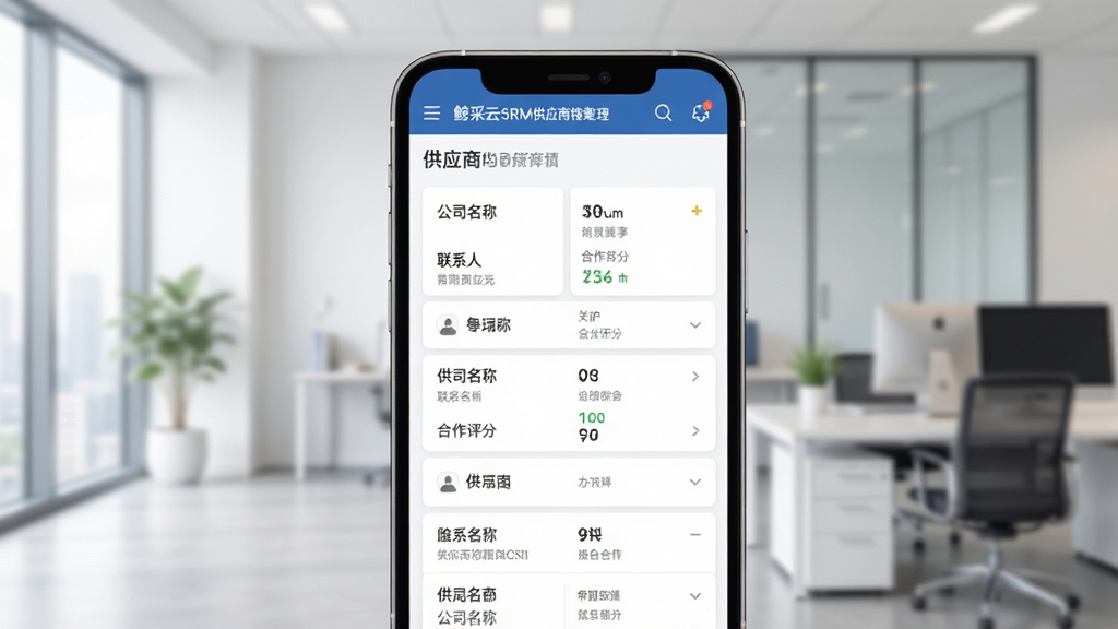 鲸采云SRM供应商档案管理界面,手机屏幕展示供应商列表与详情卡片,包含公司名称、联系人、合作评分等信息,背景为简洁的办公室环境,风格清新商务,画质干净,无多余元素