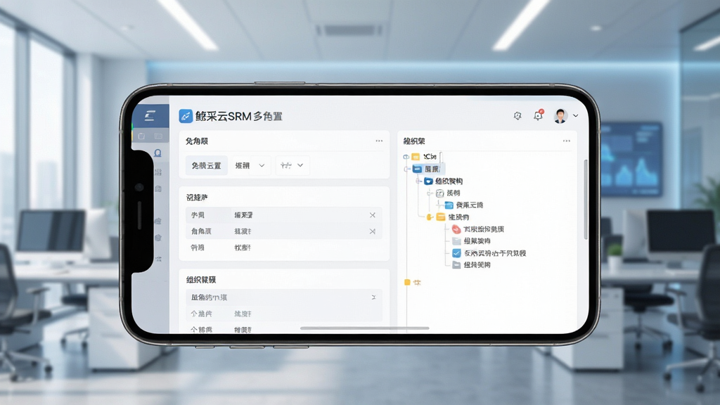 鲸采云SRM多角色权限配置界面,手机屏幕展示角色权限设置面板与组织架构树,背景为简洁的科技感办公环境,风格现代,画质干净,无多余元素