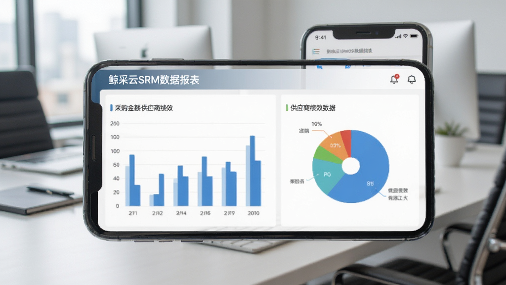 鲸采云SRM数据报表界面,手机屏幕显示柱状图与饼状图,展示采购金额与供应商绩效数据,背景为现代办公桌面,风格简约商务,画质清晰,无多余元素