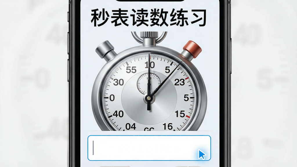 一张展示秒表读数软件中读数练习功能的图片,画面主体为手机屏幕,屏幕上显示一个机械秒表表盘和下方的答案输入框,屏幕上方有“秒表读数练习”字样,布局为上下结构,风格为教育学习风,细节包括表盘指针位置清晰、输入框有光标闪烁、背景为浅色,画质高清,干净,无多余元素