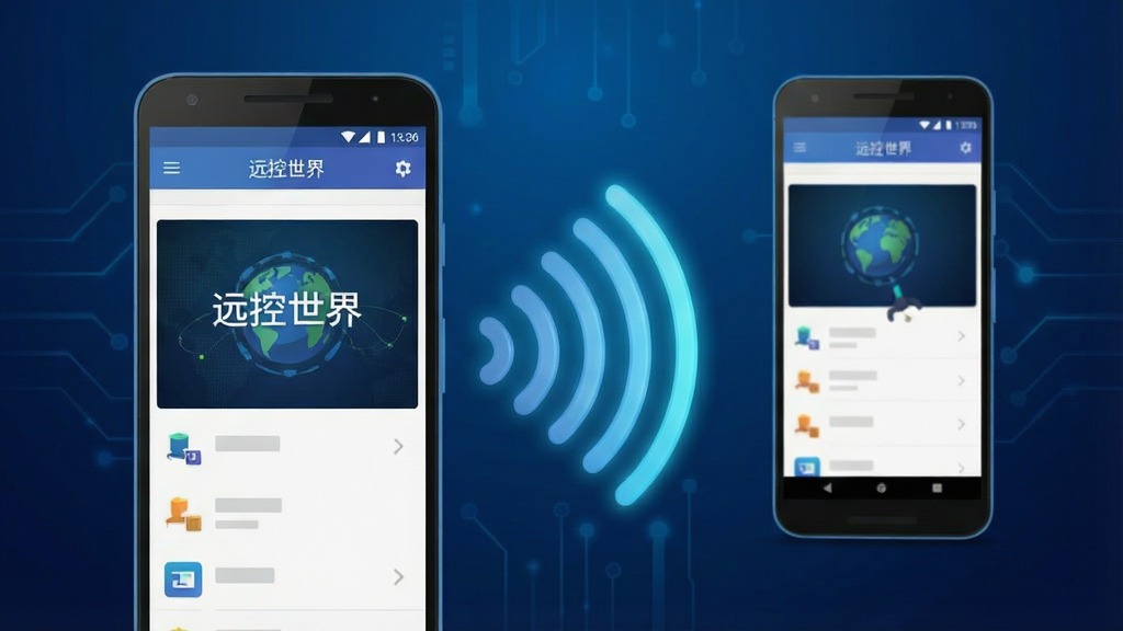 一张表现手机远程画面实时传输概念的科技风格插图,画面主体为两部安卓手机,一部位于前景显示“远控世界”软件画面,另一部位于后方作为远端设备,两部手机之间用发光的无线信号波纹连接,背景为深蓝色渐变科技背景,布局左右呼应,风格为扁平化科技插画,细节包括信号波纹的层次感、手机屏幕内容清晰、整体色调统一,画质高清,干净无多余元素