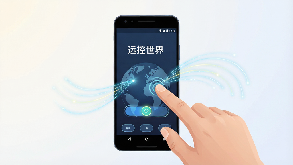 一张表现远程操作指令响应的概念图,画面主体为一只手正在触控安卓手机屏幕,手机屏幕中显示“远控世界”的操作界面,画面中带有表示指令传输的光线轨迹,背景为简洁的浅色渐变背景,布局以手机为视觉中心,风格为现代科技概念插画,细节包括手指触控动作、屏幕按钮高亮、光线轨迹流畅,画质高清,干净无多余元素