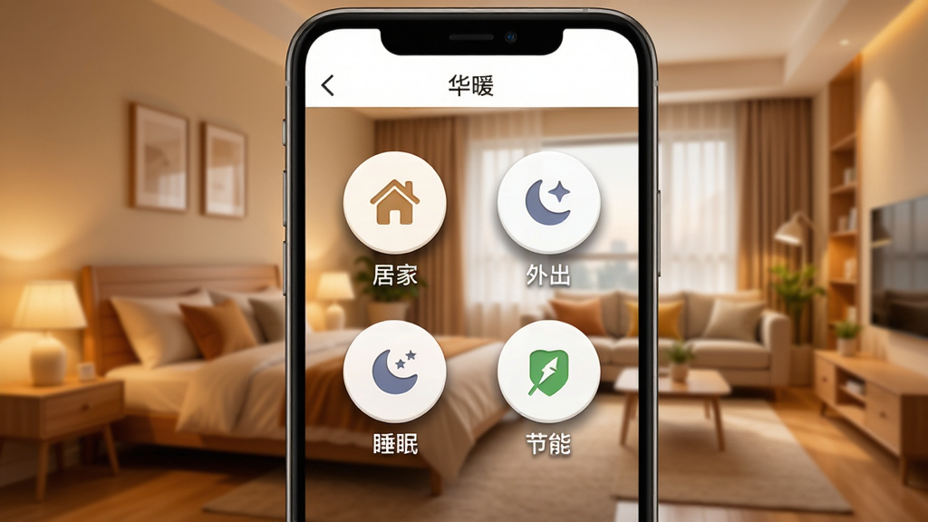 画面展示华暖APP场景模式选择界面,手机屏幕上有“居家”“外出”“睡眠”“节能”四个圆形图标,背景为卧室与客厅融合的暖色调场景,风格温馨生活化,细节包含图标阴影、文字标签、华暖界面顶部栏,画质清晰,干净,无多余元素