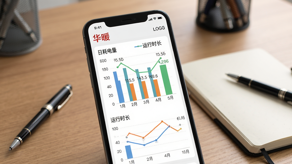 画面为华暖APP能耗统计页面,手机屏幕显示柱状图与折线图,标注“日耗电量”“运行时长”,背景为书房桌面,旁边有笔和笔记本,风格商务简洁,细节包含图表颜色区分、数值标签、华暖LOGO,画质高清,干净,无多余元素