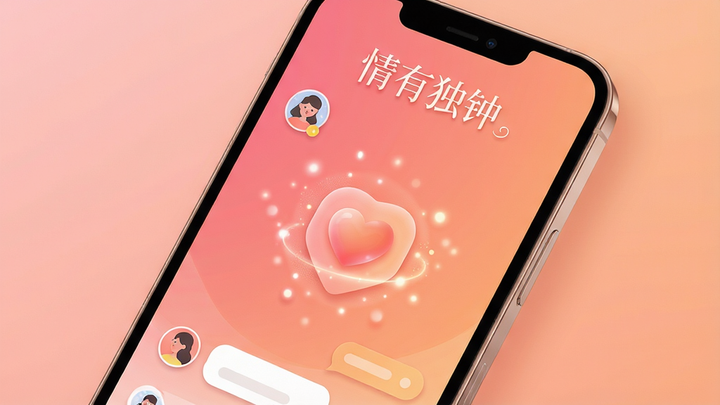 画面主体是一部智能手机,手机屏幕显示“情有独钟”应用界面,界面中有温暖的粉色和橙色渐变背景,中心有一个心形图标,周围环绕着柔和的粒子光效。布局采用居中构图,手机略微倾斜展示。排版上应用名称“情有独钟”以优雅的字体显示在屏幕顶部,下方有用户头像和聊天气泡。风格为现代扁平化与微立体结合,细节包括细腻的阴影和柔和的圆角。画质清晰,干净无多余元素,整体色调温暖治愈。