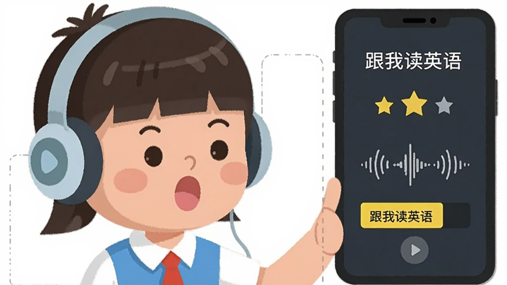一个卡通风格的小学生戴着耳机对着手机朗读英语,手机屏幕显示