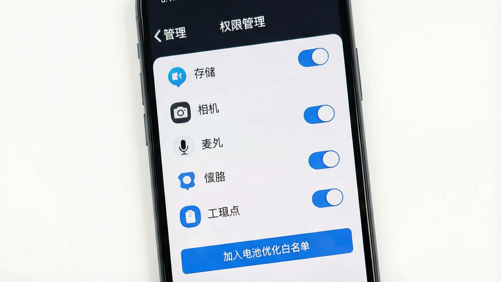 画面主体是一个手机屏幕显示“情有独钟”应用的安全设置页面,页面上有权限开关列表,包括存储、相机、麦克风等图标。布局为纵向列表,每个权限项右侧有开关按钮。排版上顶部有“权限管理”标题,底部有“加入电池优化白名单”按钮。风格为简洁的移动端UI设计,细节包括清晰的图标和文字标签。画质清晰,干净无多余元素,背景为白色。