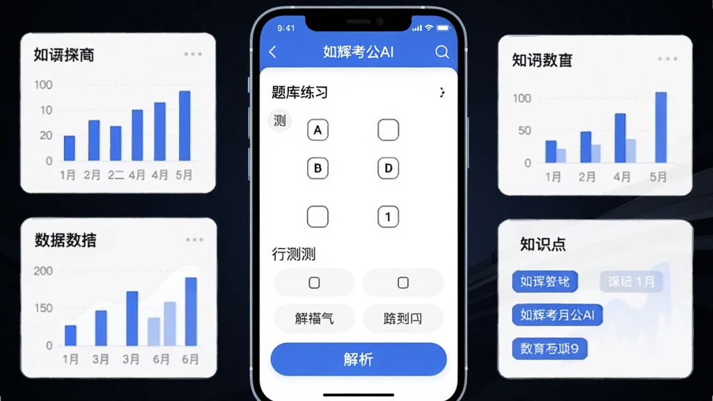手机屏幕中展示“如辉考公AI”的题库练习界面,画面中央是行测选择题,下方有选项与解析按钮,周围环绕着数据图表与知识点标签,整体布局清晰,风格科技感与教育感结合,画质干净,无多余元素