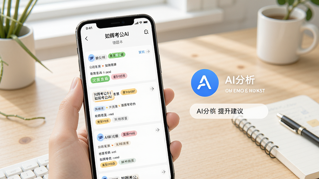 一部手机展示“如辉考公AI”错题本页面,屏幕中列出多道错题及对应知识点标签,旁边有AI分析图标与提升建议,背景为简约书桌,风格清新明快,细节丰富,画质干净,无多余元素