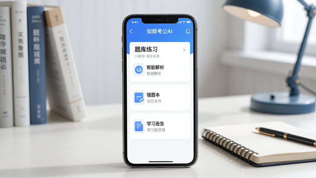 一款手机应用界面展示,主体是一部智能手机,屏幕中显示“如辉考公AI”应用主页面,页面布局包含题库练习、智能解析、错题本、学习报告等功能模块,背景为书房环境,桌面摆放书籍与笔记本,整体风格简洁清新,色彩以蓝白为主,细节清晰,画质干净,无多余元素