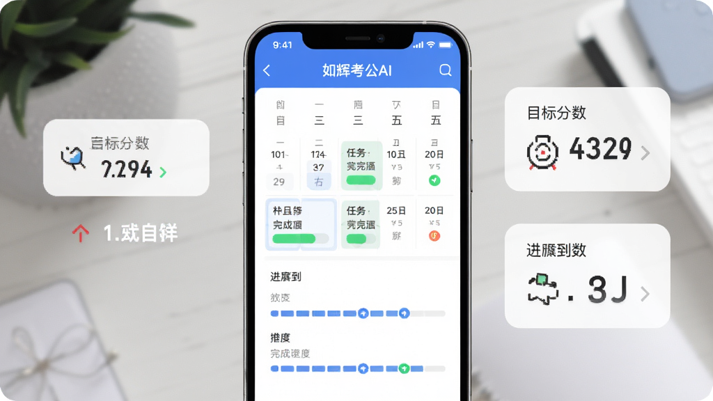 手机界面展示“如辉考公AI”学习计划页面,屏幕中呈现日历式计划表与进度条,标注每日任务与完成状态,周围有目标分数与倒计时元素,风格简洁高效,画质干净,无多余元素
