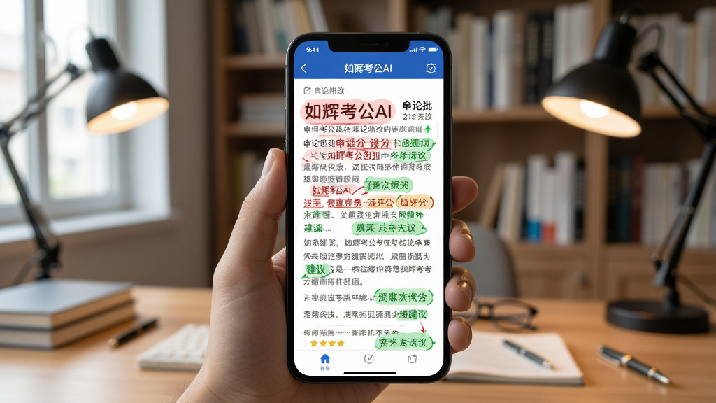 一部手机展示“如辉考公AI”申论批改界面,屏幕中显示文章段落与AI评分标注,红色批注与绿色建议清晰可见,背景为书房环境,风格专业严谨,画质干净,无多余元素