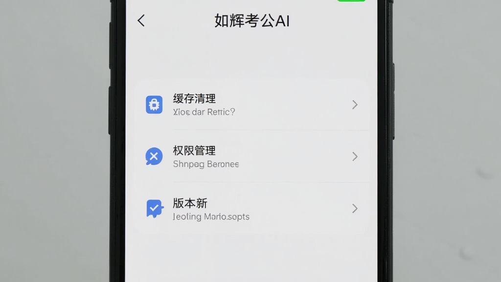 手机屏幕展示“如辉考公AI”设置页面,包含缓存清理、权限管理、版本更新等选项,界面简洁,背景为浅色,风格实用清晰,画质干净,无多余元素