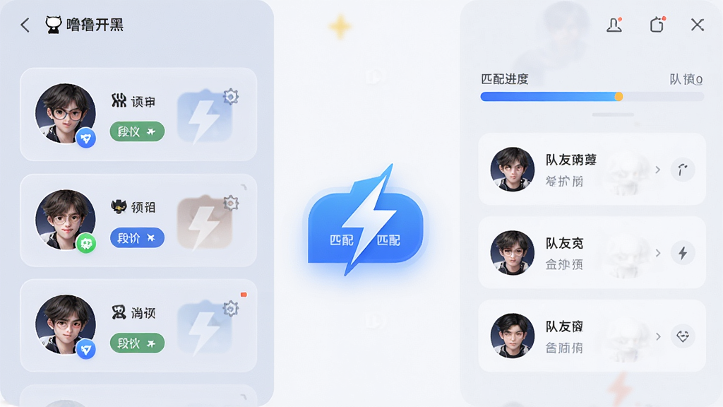 画面主体为“噜噜开黑”的组队匹配界面,左侧显示玩家头像与段位标签,右侧显示匹配进度条和队友列表,中间有闪电形状的匹配按钮,布局为左右分栏,排版整齐,风格为现代扁平UI,细节包括半透明卡片、蓝色高亮按钮,画质高清,干净,无多余元素