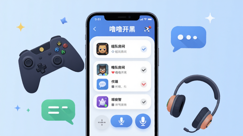 画面中央是一部智能手机,屏幕上显示“噜噜开黑”主界面,界面中有组队房间列表和语音麦克风图标,手机周围环绕着游戏手柄、耳机、聊天气泡等元素,背景为浅蓝色渐变,整体布局为居中构图,排版清晰,风格为扁平化科技插画,细节包括按钮圆角、图标高亮,画质高清,干净,无多余元素