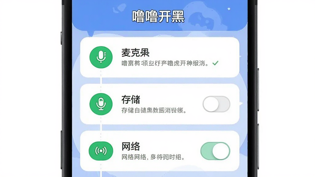 画面为“噜噜开黑”手机端权限设置引导页,显示麦克风、存储、网络三个权限开关,布局为竖向列表,排版简洁,风格为扁平化教程插画,细节包括绿色对勾图标、灰色说明文字,画质高清,干净,无多余元素