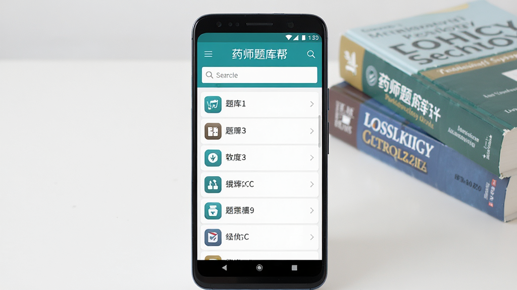 一张展示药师题库帮软件主界面的手机屏幕截图,画面中央是一部竖屏安卓手机,屏幕内显示题库分类列表和搜索框,背景是干净的书桌和几本药学教材,风格简洁清新,细节包括软件图标和界面按钮,画质清晰,干净,无多余元素