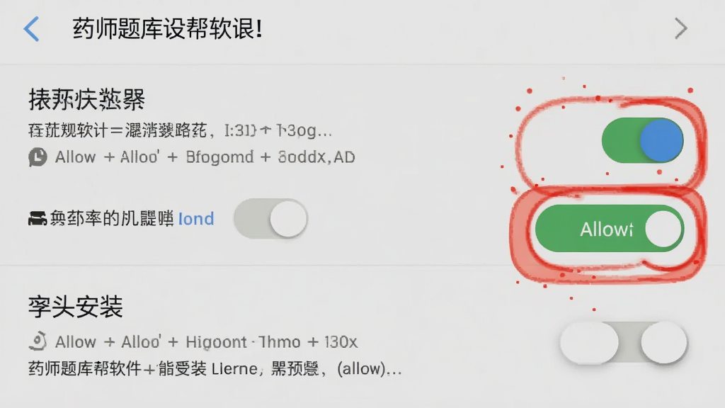 药师题库帮软件在安卓手机上的安装权限设置界面截图,画面展示手机设置页面中权限开关和安装选项,风格教程风,细节包括高亮标注的允许按钮,画质清晰,干净,无多余元素