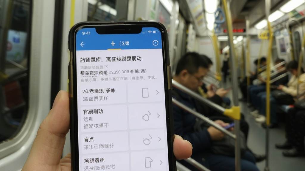 药师题库帮离线刷题功能展示图,画面中一部手机处于飞行模式但屏幕显示正在做题,背景是地铁车厢,风格生活化,细节包括手机界面上的题目和选项,画质清晰,干净,无多余元素
