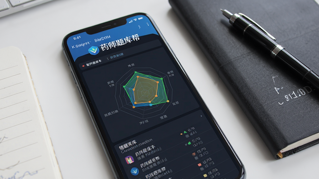 药师题库帮软件内智能错题本和数据分析页面的手机截图,画面展示一部手机屏幕上的雷达图和错题列表,旁边有笔记本和笔,风格商务学习风,细节包括图表颜色和文字标注“药师题库帮”,画质清晰,干净,无多余元素
