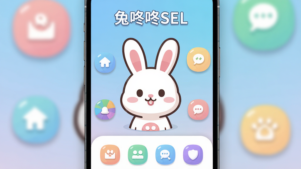 兔咚咚SEL 手机应用界面展示图,主体为一只可爱的卡通兔子形象位于画面中央,周围环绕着简洁的功能图标和柔和的色彩气泡,布局采用上下结构上方为应用名称下方为功能预览,排版整齐有序,风格为扁平化卡通插画风,细节包括圆润的图标、渐变色背景、轻微阴影效果,画质清晰 干净 无多余元素