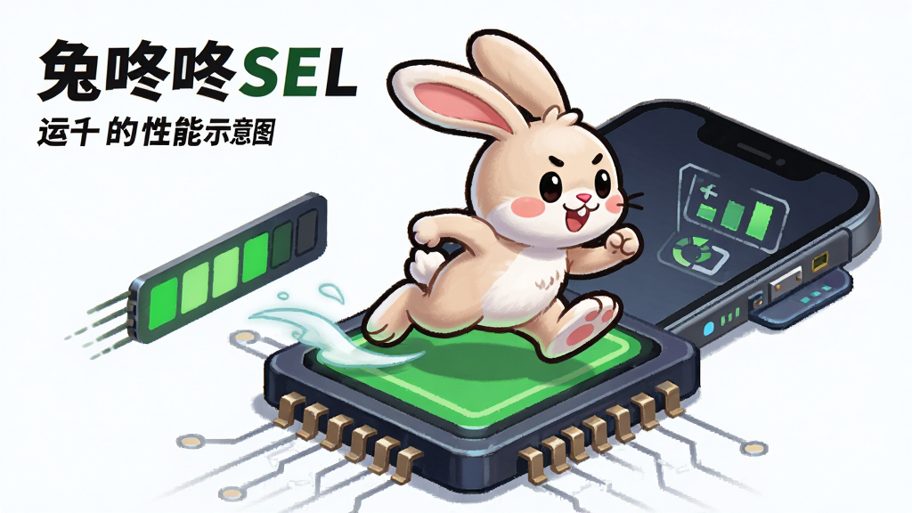 兔咚咚SEL 运行性能示意图,主体为一只卡通兔子在手机芯片上轻松奔跑,布局为对角线构图,排版动感活泼,风格为科技感与卡通风格结合,细节包括绿色的性能指示条、轻盈的脚步特效、简洁的数据图标,画质清晰 干净 无多余元素