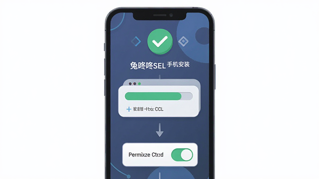 兔咚咚SEL 手机安装步骤示意图,主体为一部智能手机屏幕显示安装进度条,布局为竖向排列展示三个步骤图标,排版简洁明了,风格为扁平化科技插画,细节包括对勾图标、箭头指示、权限开关按钮,画质清晰 干净 无多余元素