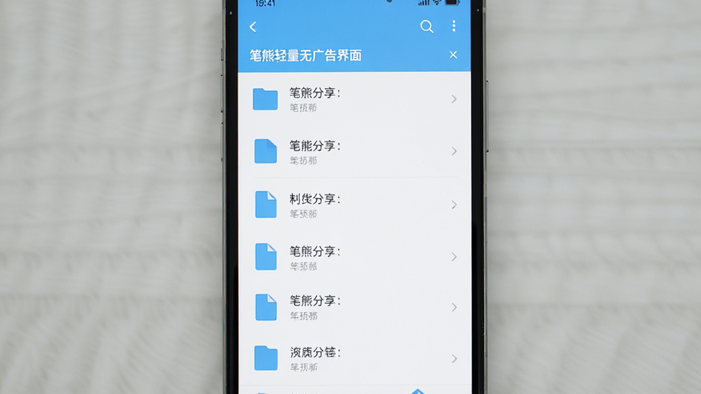 笔熊分享轻量无广告界面展示,手机屏幕显示干净的文件列表页面,主体为手机正面,布局居中,排版极简,风格为清新扁平风,细节包含清爽的背景色、简洁的文件条目、无广告标识,画质高清,干净,无多余元素