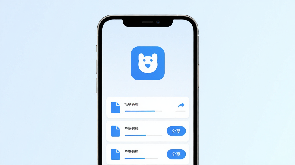 笔熊分享软件主界面展示,手机屏幕中央显示笔熊分享蓝色图标与简洁的文件传输列表界面,背景为浅色渐变,主体为一部智能手机,布局居中,排版干净,风格为扁平化科技风,细节包含文件图标、传输进度条、分享按钮,画质高清,干净,无多余元素