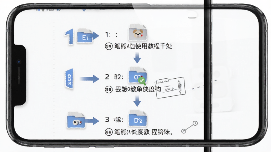 笔熊分享使用教程示意图,手机屏幕显示分步操作指引,主体为手机界面截图风格,布局由上至下排列三个操作步骤,排版清晰,风格为教程图解风,细节包含步骤编号、箭头指示、文件图标,画质高清,干净,无多余元素