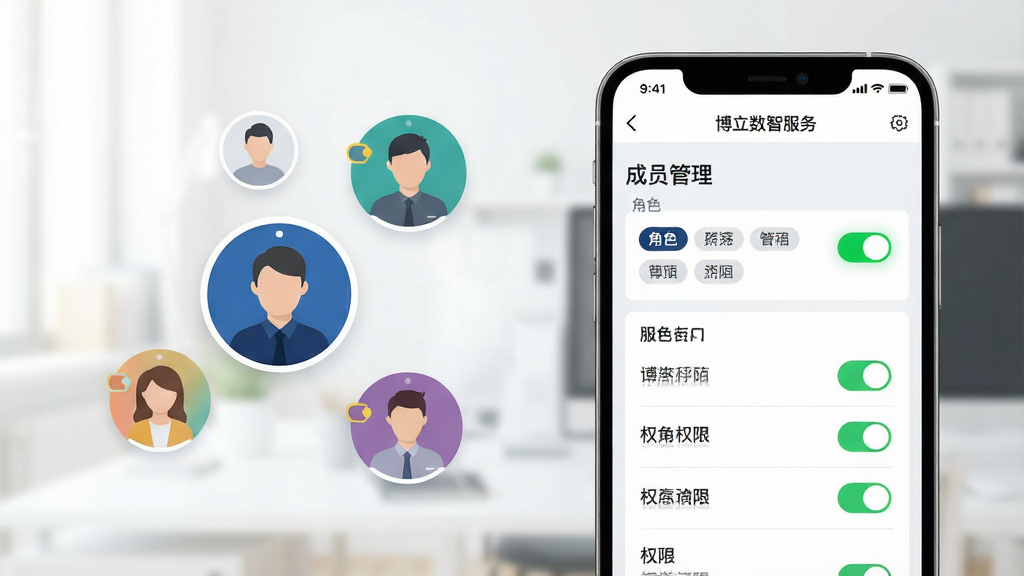 一幅展示博立数智服务多角色权限与操作日志功能的AI生图。画面主体为一部手机,屏幕显示博立数智服务APP的成员管理界面,包含角色标签和权限开关。手机旁边漂浮着几个用户头像图标,分别用不同颜色标识不同角色。背景为浅色办公场景虚化。布局采用左右结构,手机位于右侧,头像图标位于左侧。风格为现代商务扁平风,配色以白色、深蓝和浅灰为主。细节包括权限开关的绿色高亮和头像圆环。画质高清,画面干净,无多余元素。