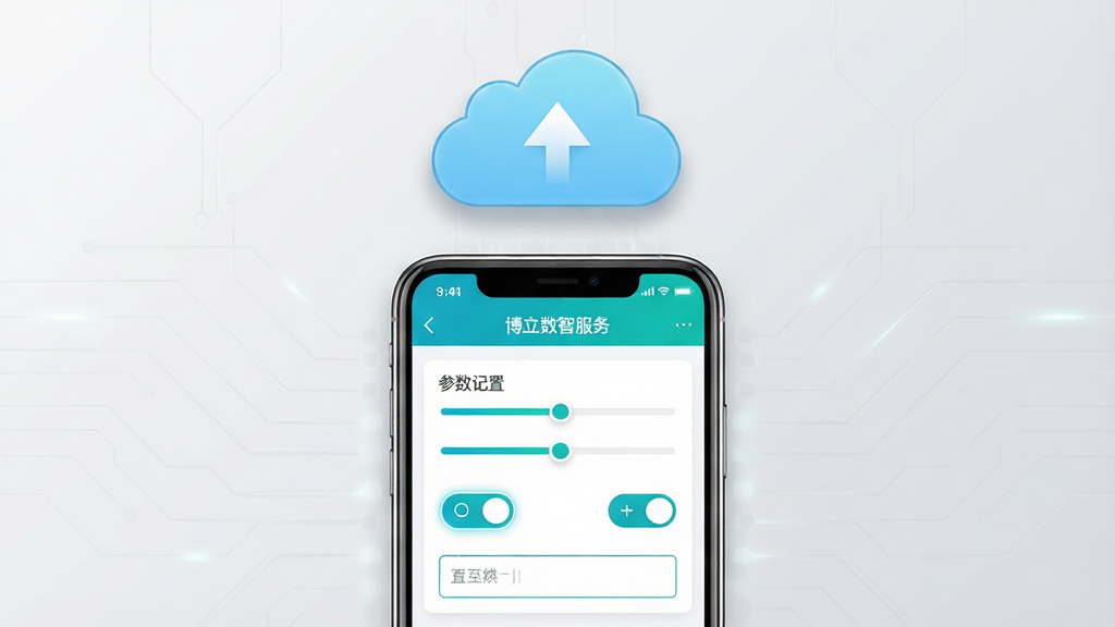 一幅展示博立数智服务远程参数配置与固件升级功能的AI生图。画面中心为一部手机,屏幕显示博立数智服务APP的参数配置界面,包含滑块、开关和输入框等控件。手机上方悬浮着一个带有向上箭头的云朵图标,象征固件升级推送。背景为浅灰色渐变,带有淡淡的电路纹理。布局采用上下结构,手机居中,云朵图标位于上方。风格为简约扁平化科技风,配色以白色、浅蓝和青绿色为主。细节包括控件的高光边缘和云朵的柔和阴影。画质高清,画面干净,无多余元素。