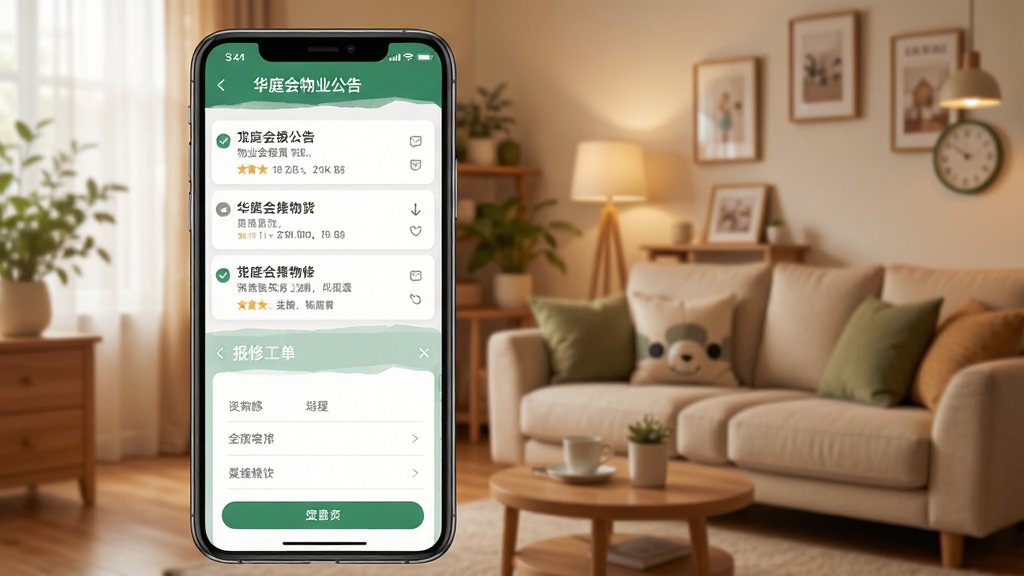 华庭会物业公告与报修功能界面,手机屏幕上半部分显示物业公告列表,下半部分显示报修工单填写页面,背景是温馨的居家环境,风格写实友好,细节丰富,画质清晰干净,无多余元素