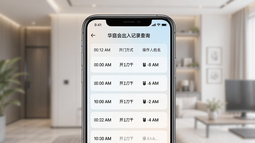 华庭会出入记录查询界面展示,手机屏幕显示按日期排列的开门记录列表,每条记录包含时间、开门方式和操作人姓名,背景为柔和的浅色渐变,风格简约现代,细节清晰,画质干净,无多余元素