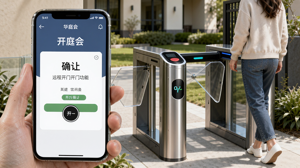 华庭会远程开门功能场景图,画面左侧是手机屏幕显示华庭会APP的开门确认界面,右侧是小区门禁闸机自动打开,一位访客正步入小区,画面光线明亮,风格写实,细节丰富,画质清晰干净,无多余元素