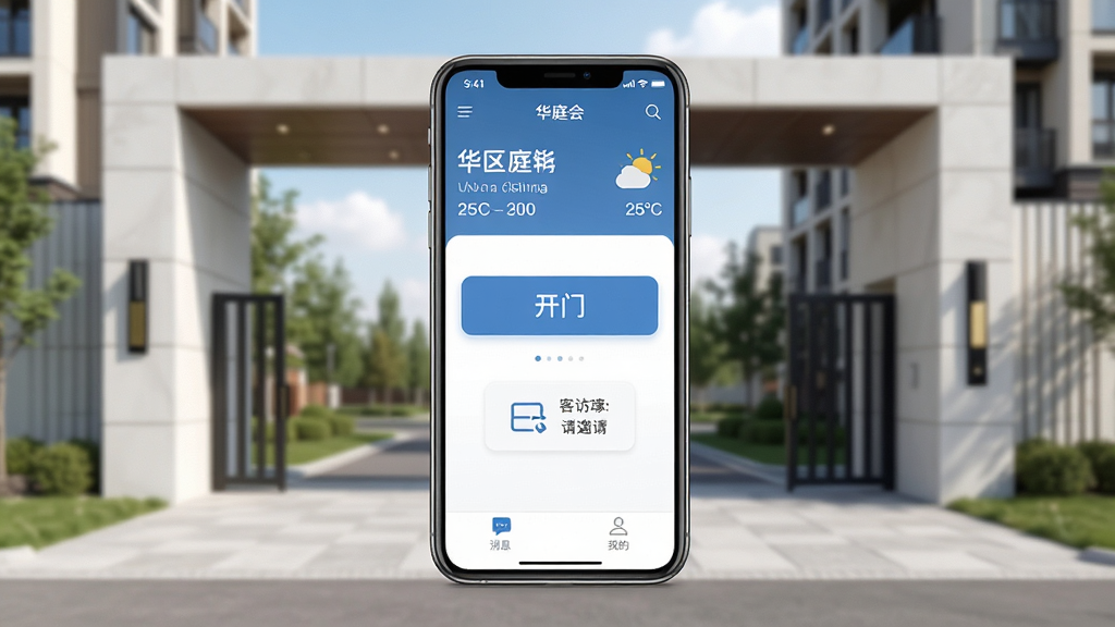 华庭会软件主界面展示,画面中央是一部智能手机,屏幕显示华庭会APP的首页,顶部有小区名称和天气信息,中部有醒目的开门按钮和访客邀请入口,底部有消息、我的等导航栏,背景为简洁的现代社区大门场景,风格清新写实,细节清晰,画质干净,无多余元素
