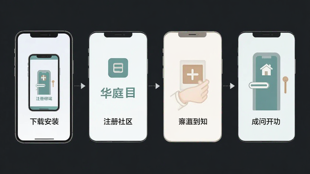 华庭会手机端操作步骤示意图,画面展示一部手机从下载安装到注册绑定社区再到开门成功的流程,分为四个小画面横向排列,每个画面配有简洁图标和文字标注,风格扁平化,色彩柔和,细节清晰,画质干净,无多余元素