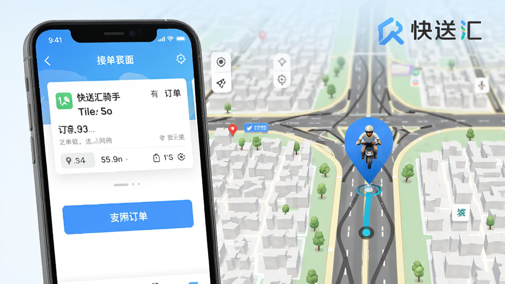 快送汇骑手端接单界面与地图导航展示,画面左侧为手机屏幕特写,显示订单卡片和抢单按钮,右侧为城市道路地图与骑手位置标记,画面中带有快送汇文字标识,采用写实风格,光线明亮,细节清晰,画质干净,适合作为软件功能介绍配图