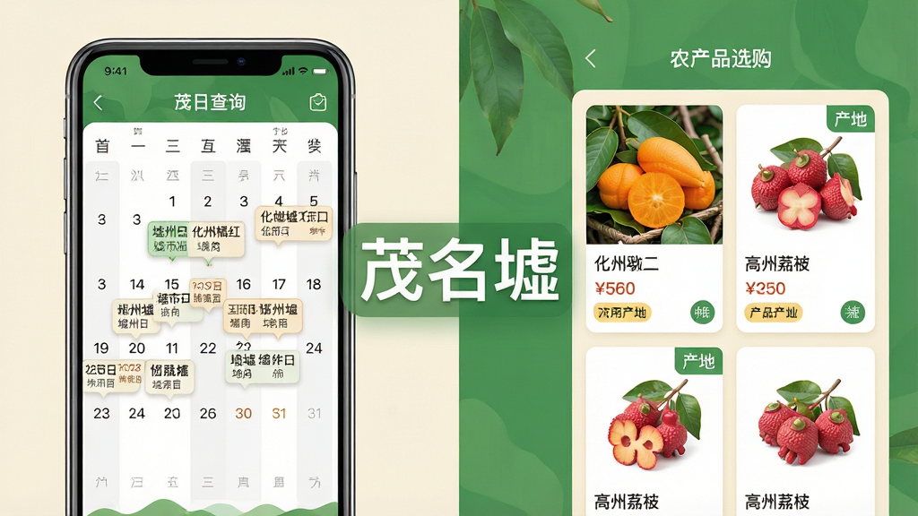 һ��չʾï����App���Ĺ��ܵ�����ͼ�������Ϊ���������֣������һ���ֻ�չʾ���ղ�ѯ���棬�����ϱ�ע�˲�ͬ���е����ں͵ص㣻�Ҳ���ũ��Ʒѡ��ҳ�棬չʾ�˻����ٺ졢������֦��ï���ز�����Ʒ��Ƭ����Ƭ���м۸�Ͳ��ر�ǩ�������м���