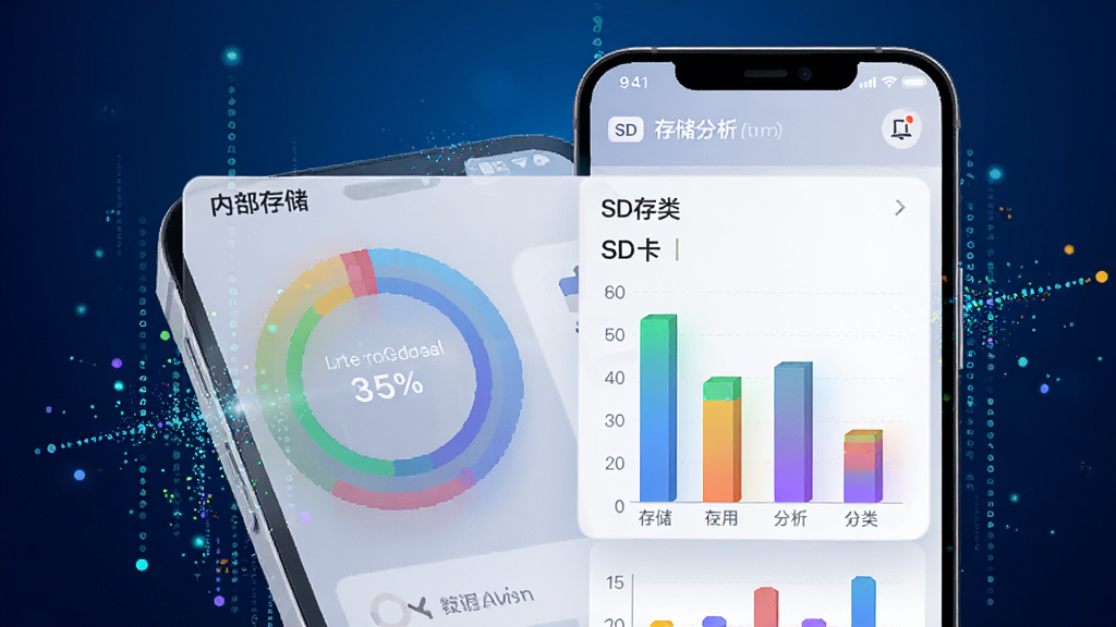 手机管理助手存储分析界面,手机屏幕显示环形存储空间占比图和分类条形图,标注内部存储与SD卡的使用情况,界面风格为科技数据可视化风格,背景为深蓝色渐变,图表色彩鲜明,手机周围有数据粒子效果,画质高清,布局清晰,无多余装饰。