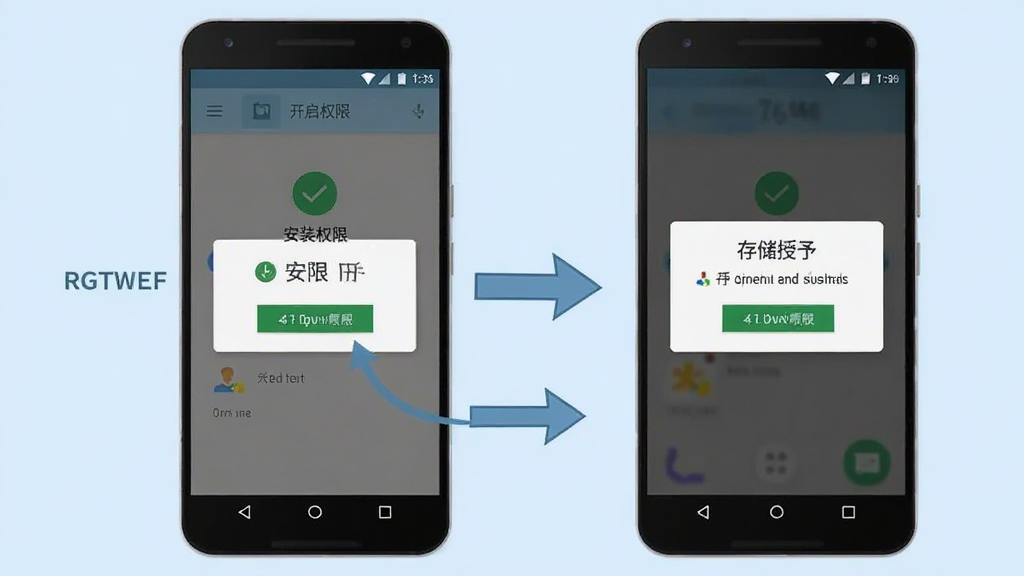 手机管理助手新手操作示意图,画面展示一部安卓手机,屏幕上显示安装权限开启界面和存储权限授予弹窗,手机旁边有箭头指示操作步骤,风格为扁平化教程插图,背景为浅蓝色,细节清晰,画质干净,无多余元素。