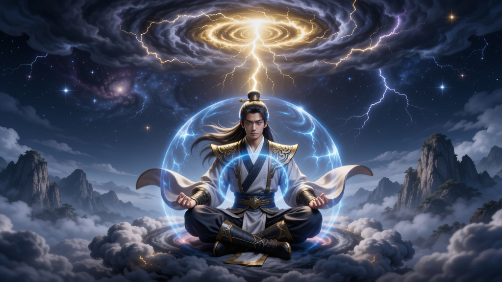 画面中心是一位修仙者盘坐在雷云之下,头顶悬浮着金色雷劫,周围环绕着灵气漩涡,背景是星空与山巅,人物身上有蓝色护盾光芒,整体风格为仙侠玄幻,色调以深蓝、紫色、金色为主,细节丰富,画质高清,画面干净,无多余元素,图中不要出现任何文字