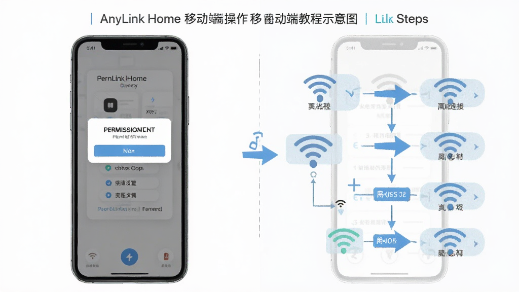 AnyLink Home �ƶ��˲����̳�ʾ��ͼ������Ϊ�ֻ���ĻչʾȨ���������������Ӳ��裬����Ϊ���ҷ����Ա��ƶ�������Զ˲������죬�Ű�Ϊ��������ͼ�����Ϊ�̳�ͼ���ƽ����ϸ�ڰ���Ȩ�޵�����WiFiͼ�ꡢ��ͷָ�������ֱ�ע�����ʸ��壬�ɾ��޶���Ԫ��