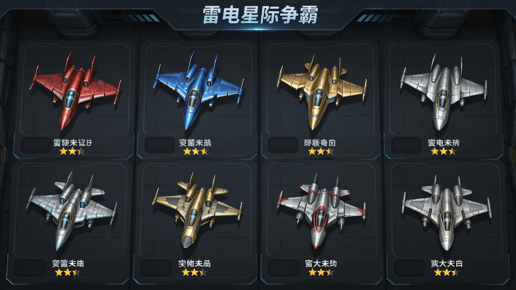 画面展示六架不同造型的科幻战机整齐排列在机库界面中,每架战机下方标注名称与星级,背景为深灰色金属质感机库,界面顶部写