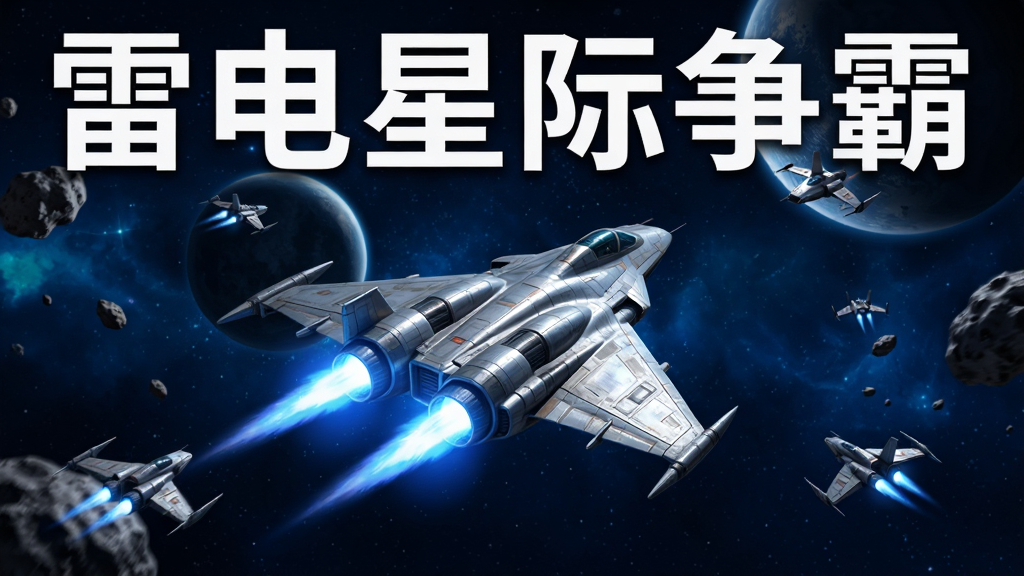 画面中央是一架银色科幻战机在宇宙星空中飞行,周围散布陨石与敌方小型飞船,战机尾部喷射蓝色火焰,背景为深蓝色星云与远处行星,画面上方用白色粗体字写